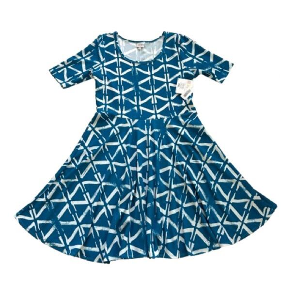 LuLaRoe Dress Nicole Blue White Print Short Sleeve Drop Wasit Midi Plus 3XL NEW - Picture 7 of 12